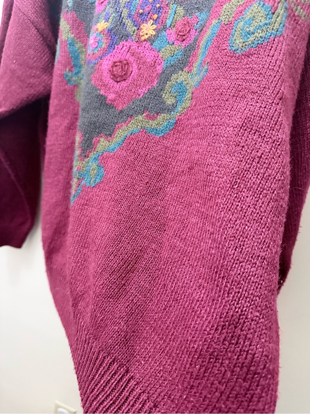 Vintage 90s Burgundy Floral Cottagecore Fairy Oversized Knit Grandma Sweater L - Picture 5 of 6
